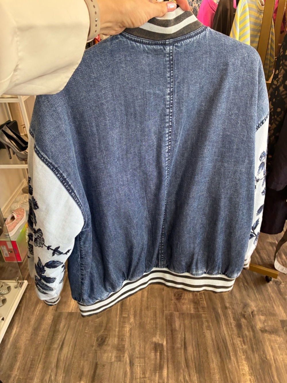 Free People team spirit Embroidered Blue Denim Bomber Jacket size S - Picture 5 of 5